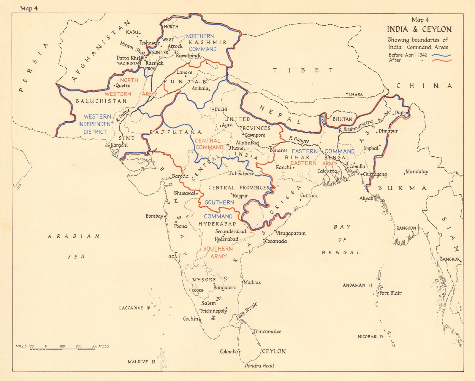 India & Ceylon boundaries of Command Areas 1942. World War 2 1961 old map
